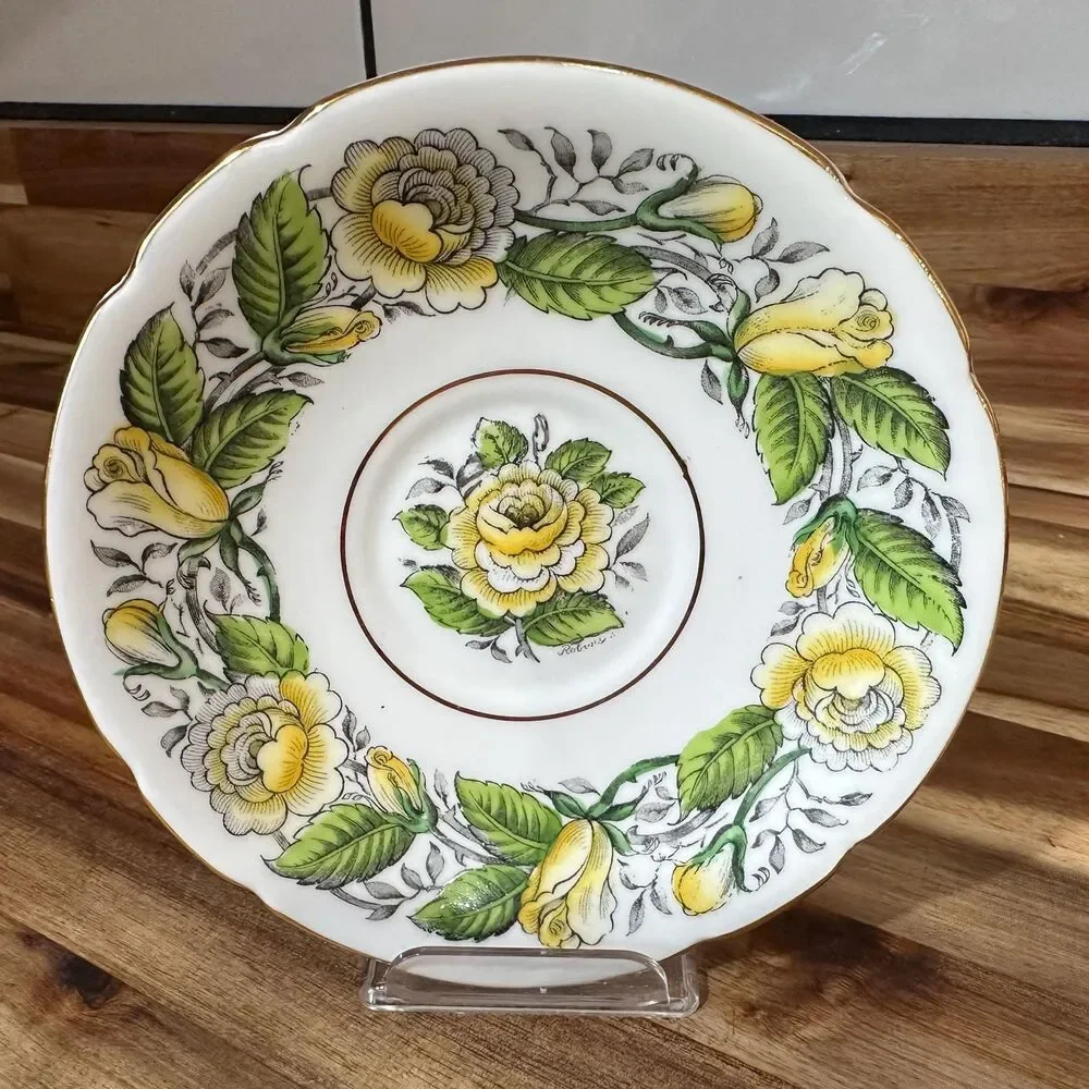 Vtg Stanley English Tea Cup Fine Bone China Yellow & Green Floral